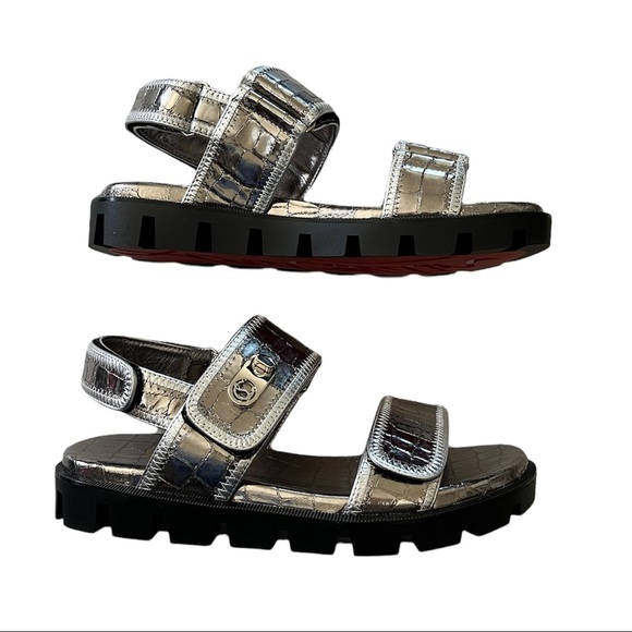 NEW Christian Louboutin Lock Cool Embossed Dad Sandals 36 Silver - Picture 2 of 12